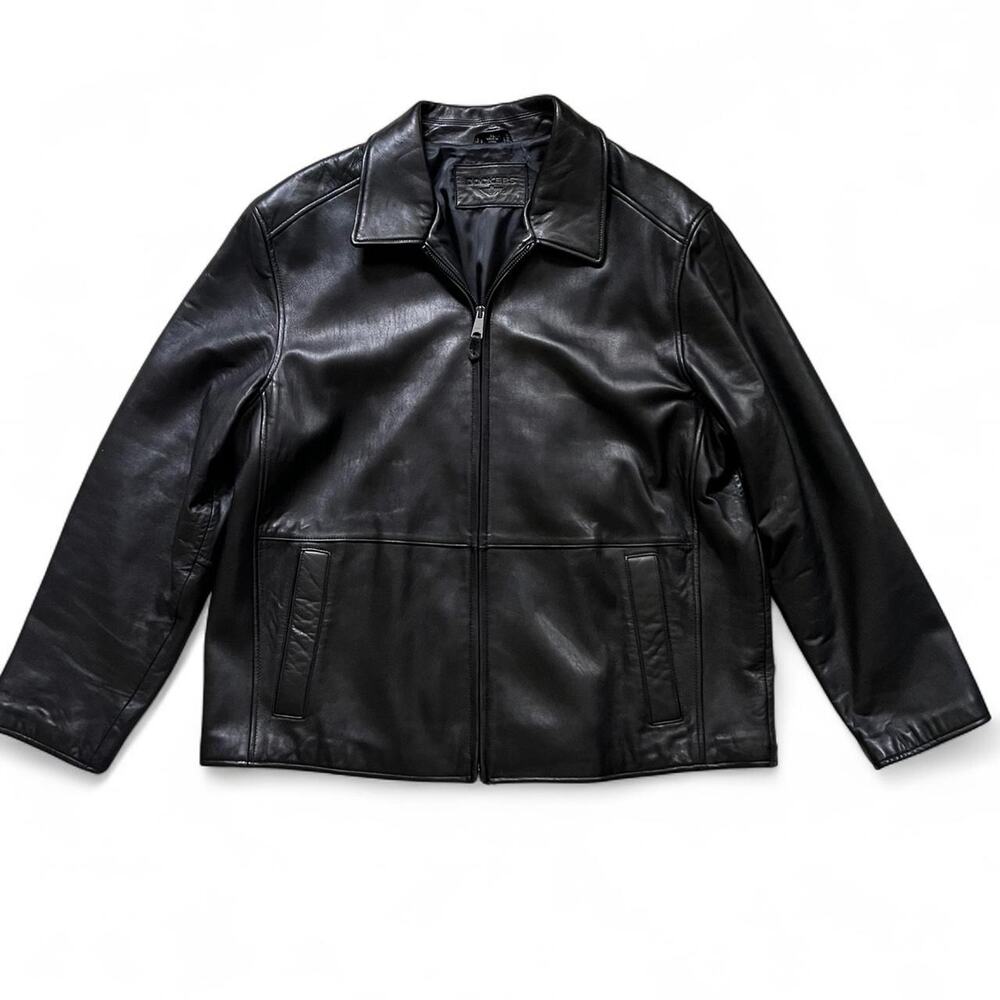 Dockers Men’s Black Leather Jacket XL Zip Up Collared Soft Real Leather Moto